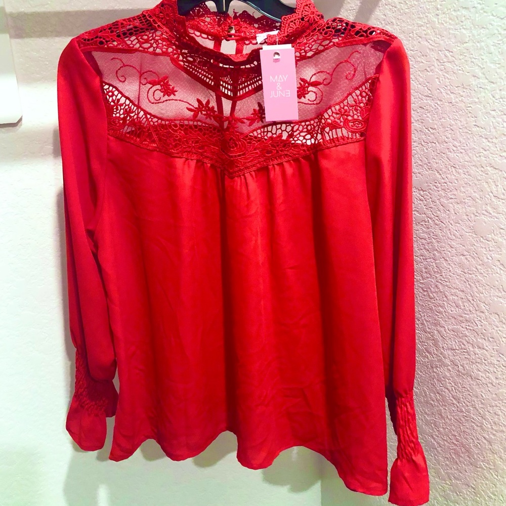 🌸NWT May & June RED Holiday Blouse Long-sleeve Lace Shirt